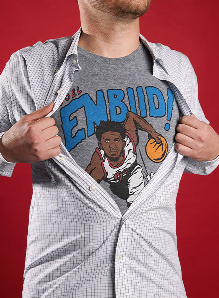 Philadelphia 76ers Trading Card Joel Embiid T-Shirt from Homage. | Royal Blue | Vintage Apparel from Homage.