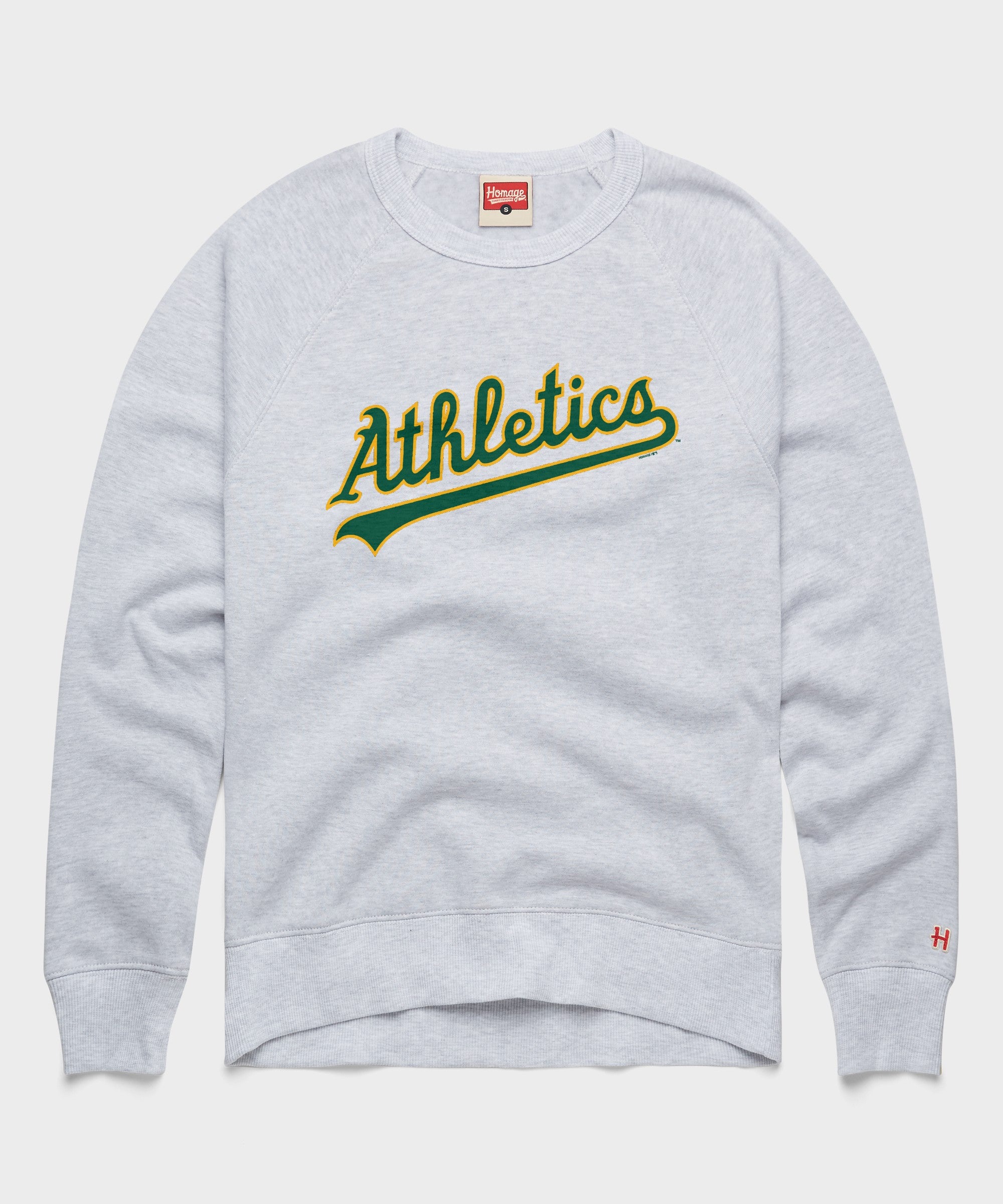 oakland athletics gear Oakland Athletics Jersey Logo '93 Crewneck from Homage. | Ash Crewneck Sweatshirt