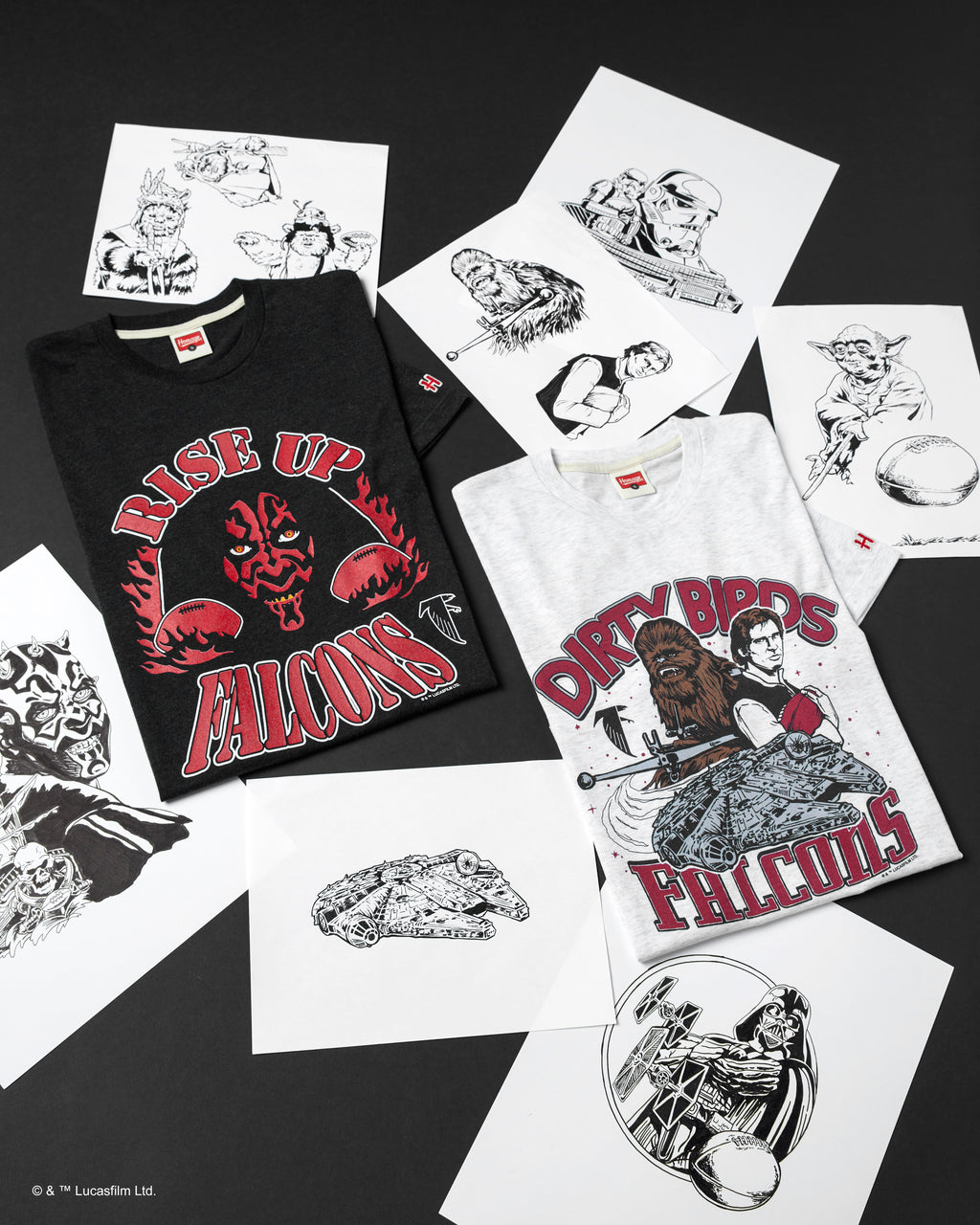 Behind the scenes of HOMAGE's NFL x Star Wars collection. Featuring sketches from our designers and our tees for the Atlanta Falcons. Built with Legendary Comfort™.