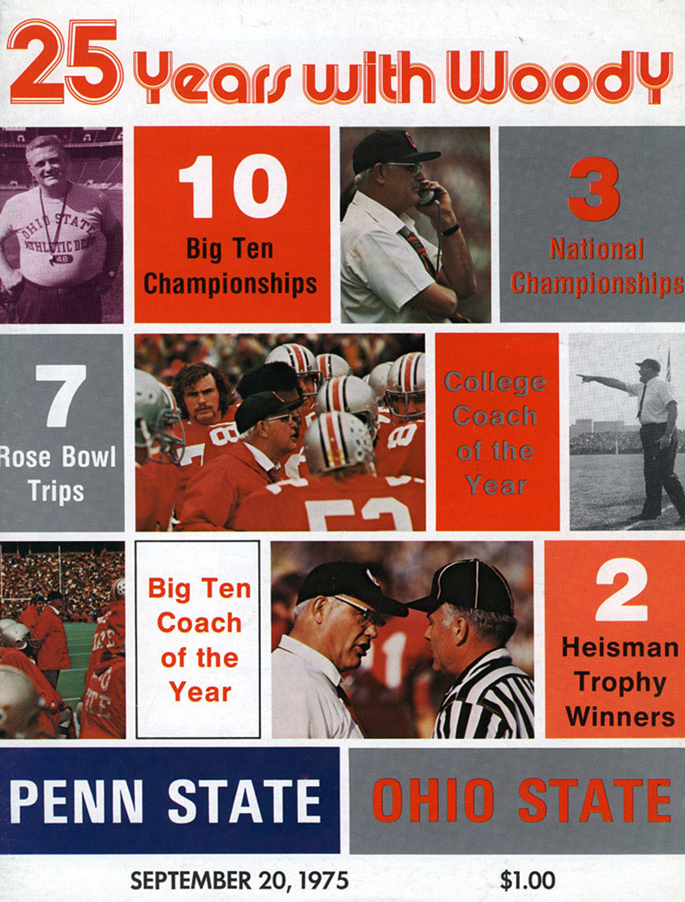 1975 Ohio State vs. Penn State football program celebrating "25 Years with Woody". Courtesy of The Ohio State University Archives.