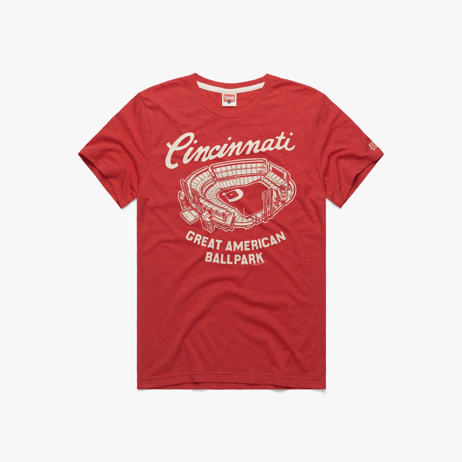 Cincinnati Great American Ballpark T-Shirt from Homage. | Red | Vintage Apparel from Homage.