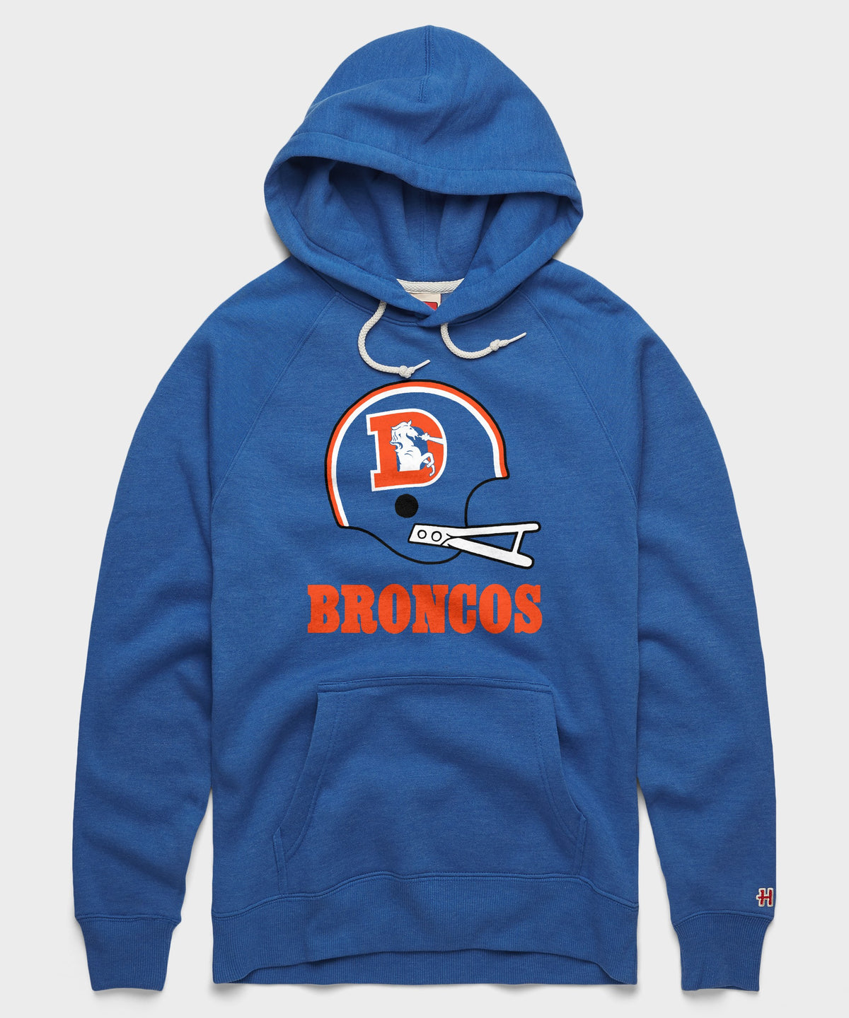 Royal blue HOMAGE hoodie with an orange-and-white vintage Broncos helmet graphic.