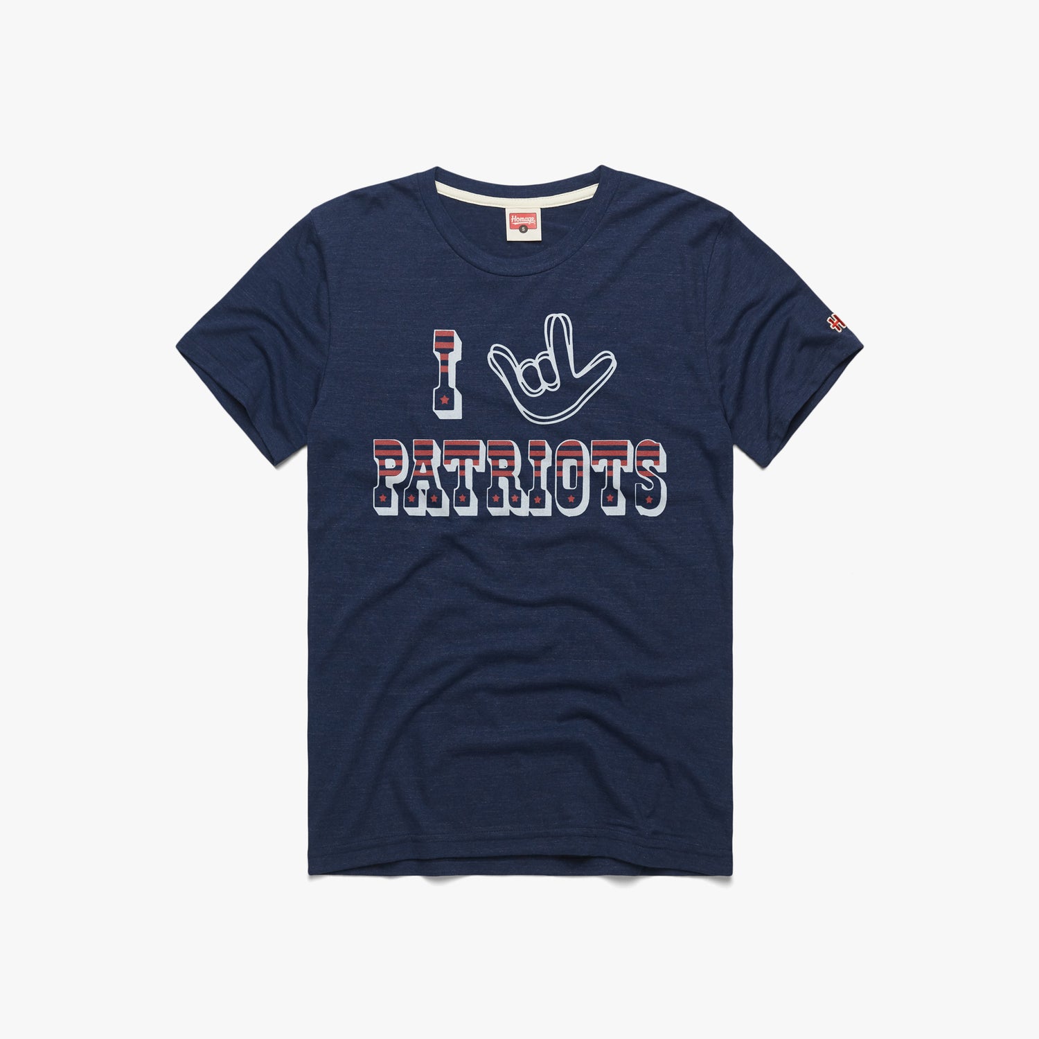 Love Sign x New England Patriots T-Shirt from Homage. | Officially Licensed Vintage NFL Apparel from Homage Pro Shop.