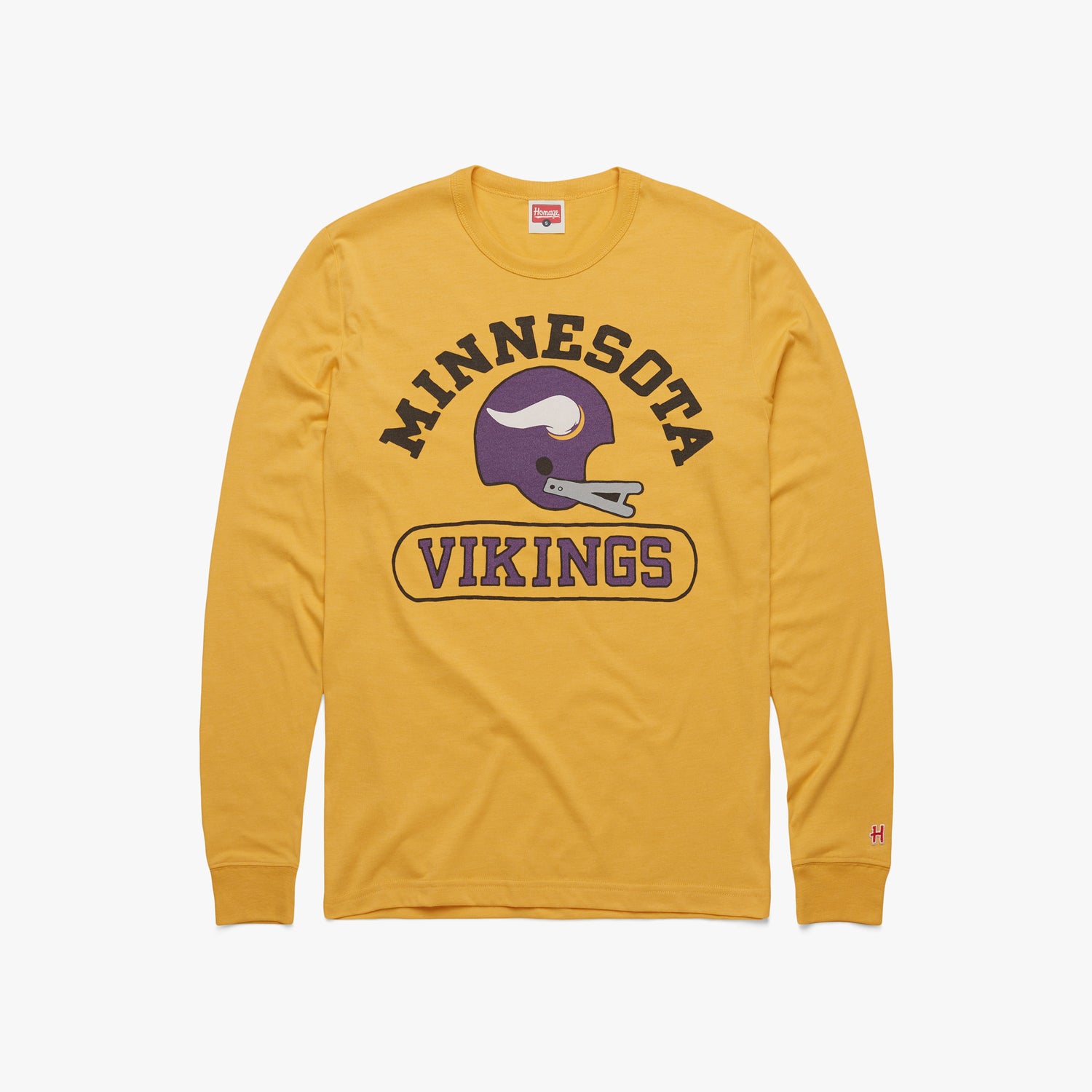 Minnesota Vikings Throwback Helmet Long Sleeve Tee T-Shirt from Homage. | Officially Licensed Vintage NFL Apparel from Homage Pro Shop.