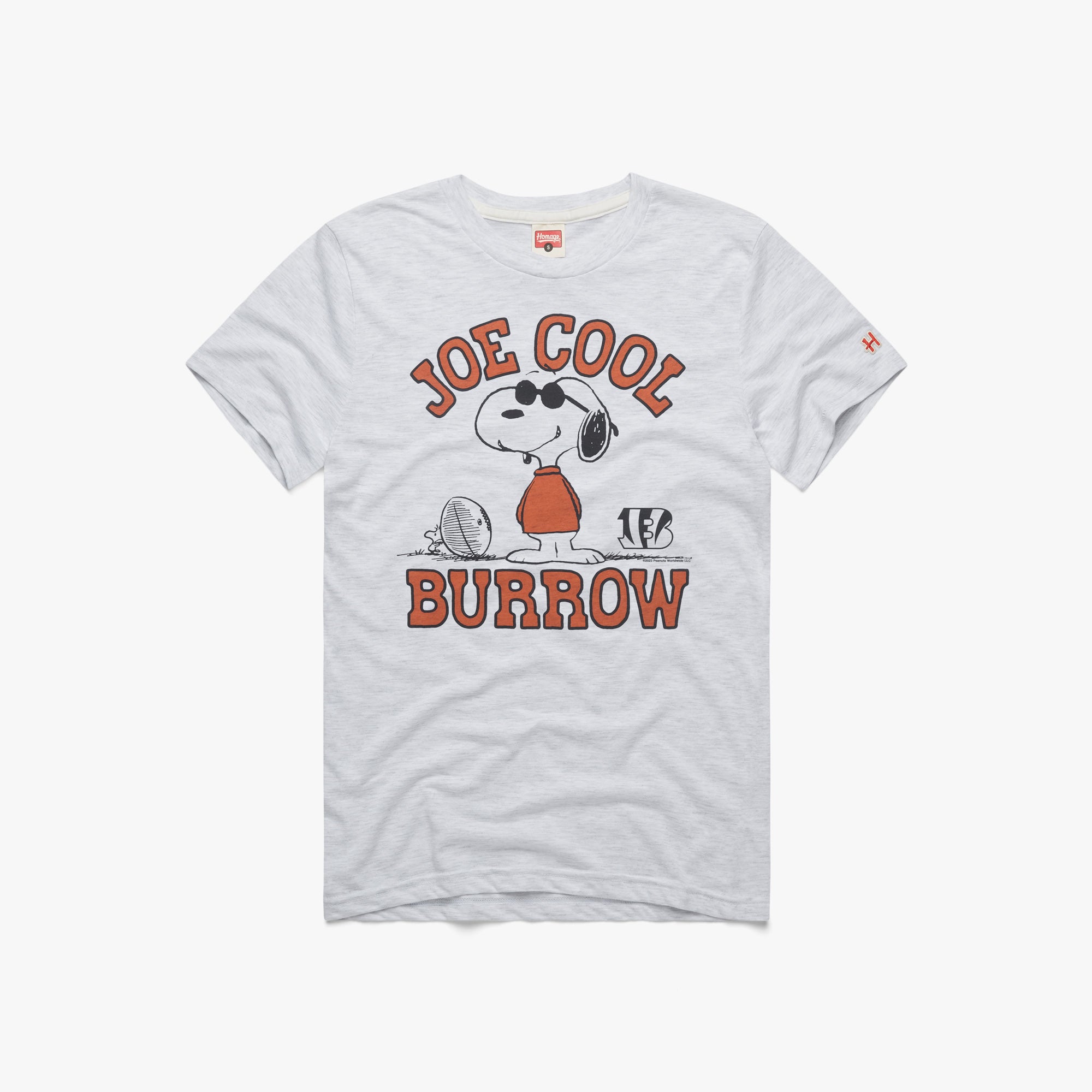 Peanuts x Cincinnati Bengals Joe Cool Burrow T-Shirt from Homage. | Officially Licensed Vintage NFL Apparel from Homage Pro Shop.