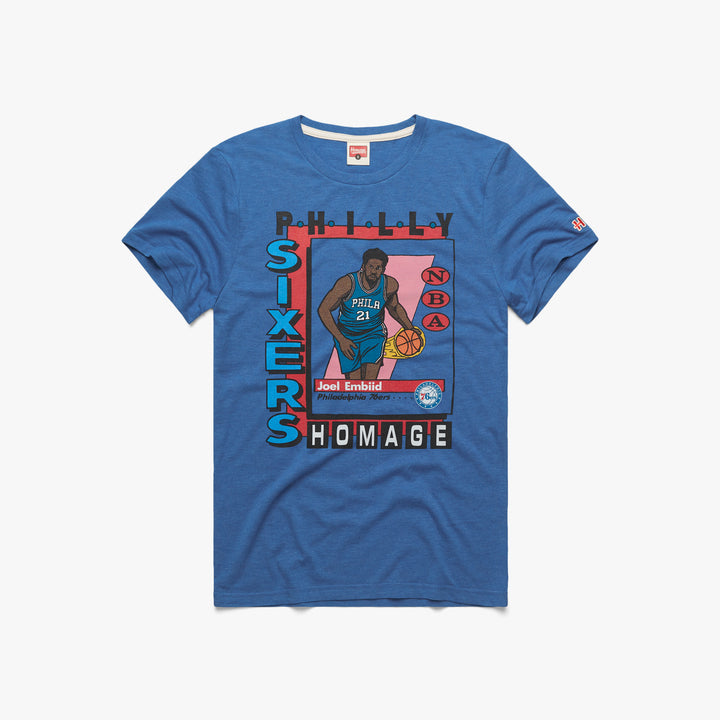 Philadelphia 76ers Trading Card Joel Embiid T-Shirt from Homage. | Royal Blue | Vintage Apparel from Homage.