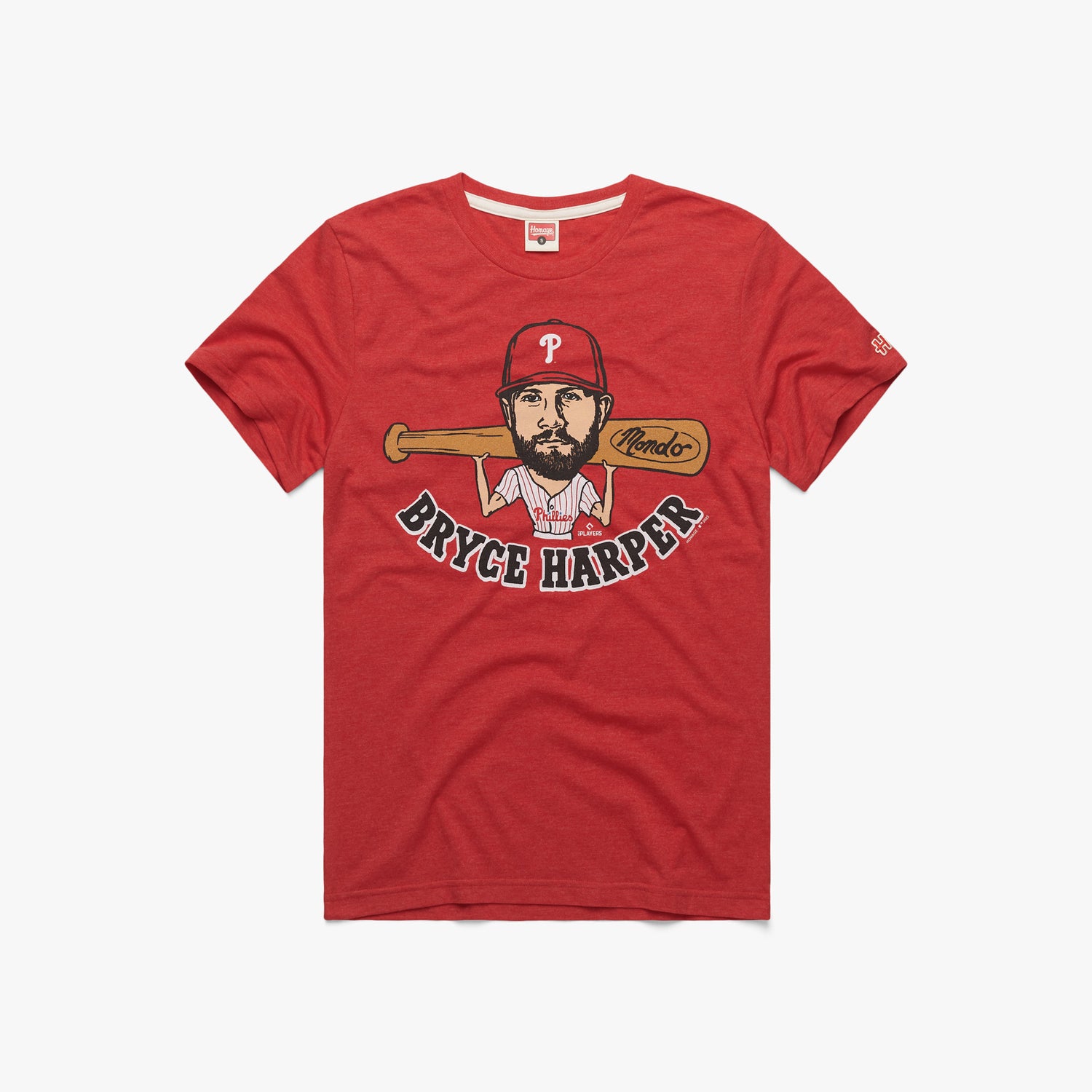 Phillies Bryce Harper Mondo T-Shirt from Homage. | Red | Vintage Apparel from Homage.