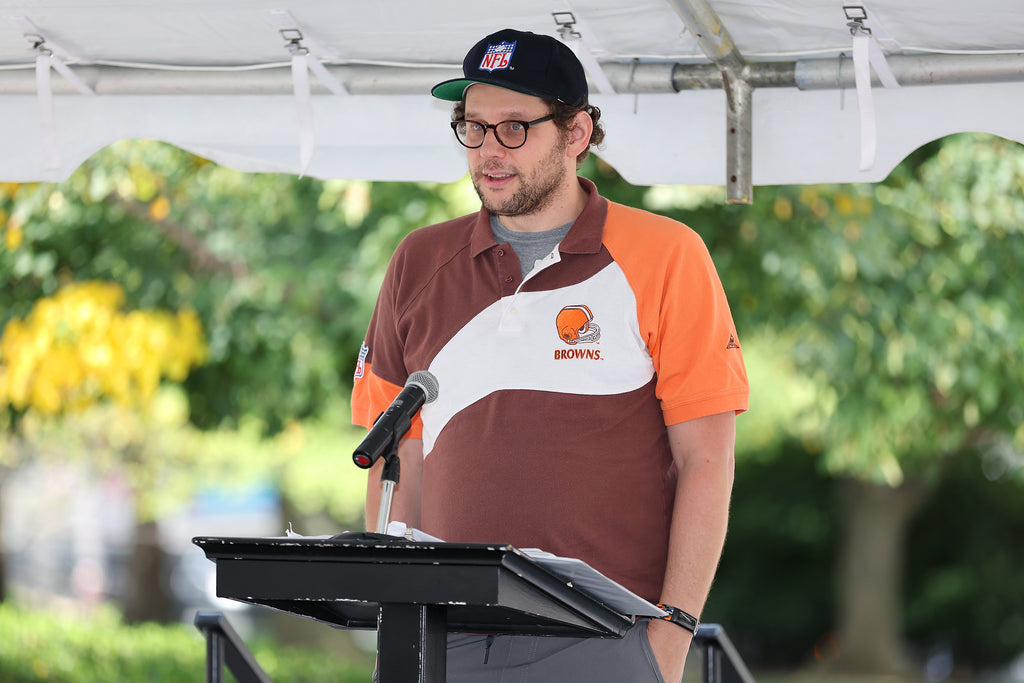 Homage founder Ryan Vesler speaks during a historical marker unveiling for the first NFL office building. Sept. 20, 2025. Columbus, Ohio.  (Joe Maiorana)
