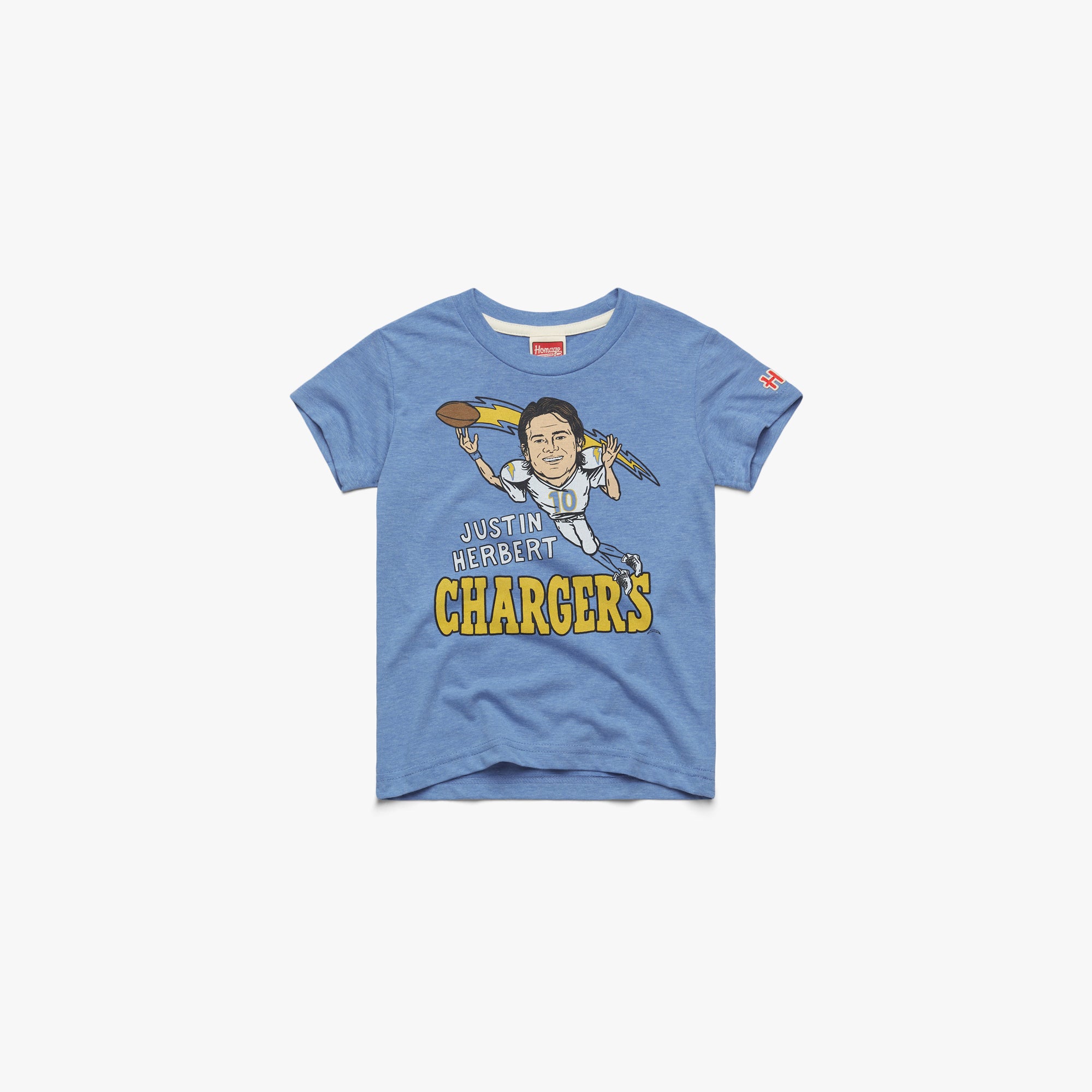Youth La Los Angeles Chargers Justin Herbert Youth T-Shirt from Homage. | Officially Licensed Vintage NFL Apparel from Homage Pro Shop.