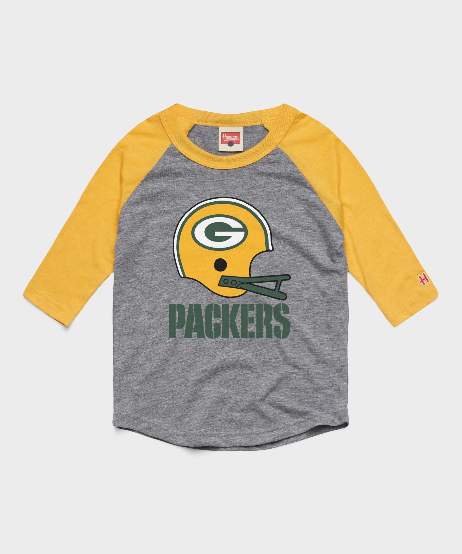 youth green bay packers big helmet raglan