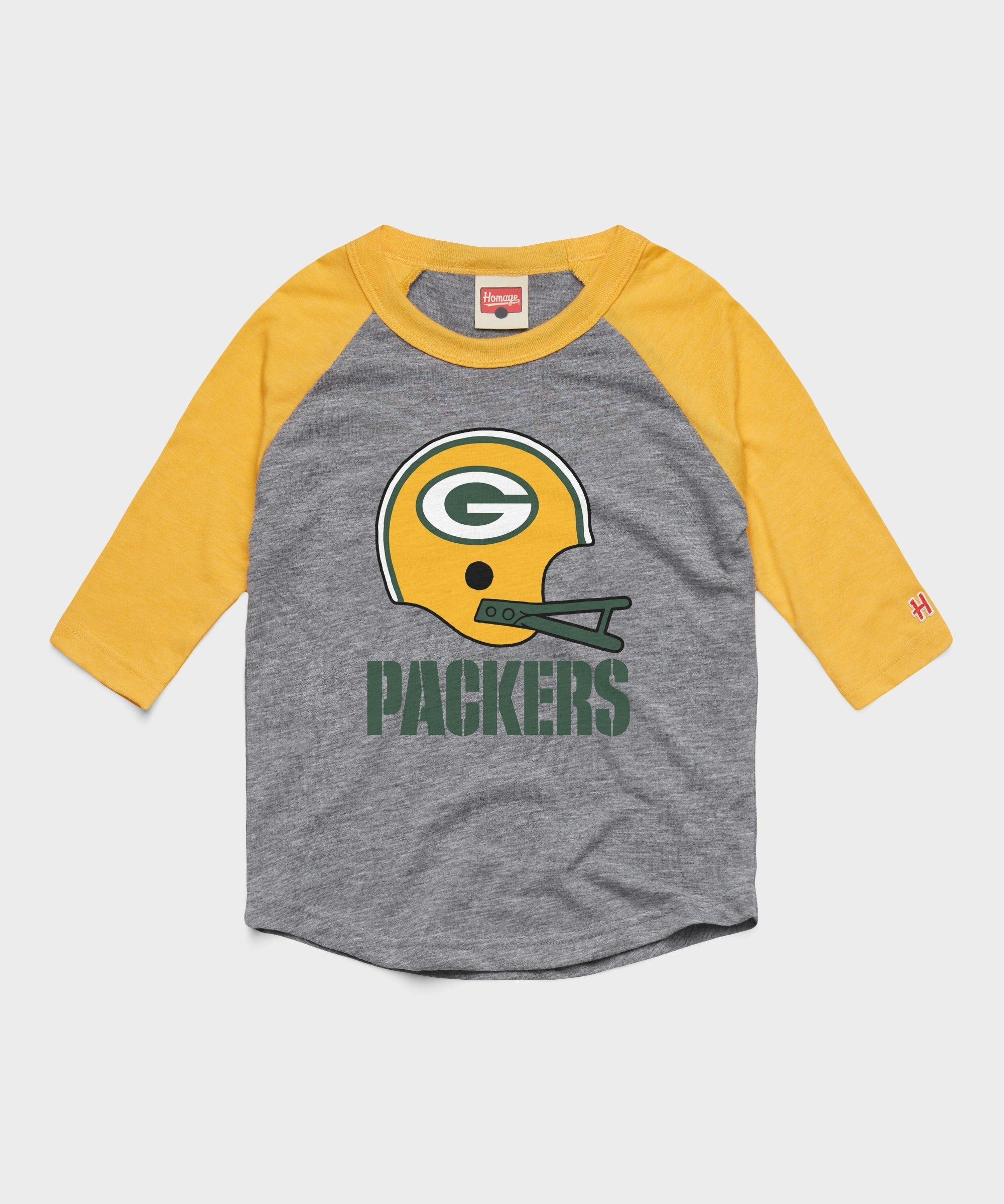 youth green bay packers big helmet raglan