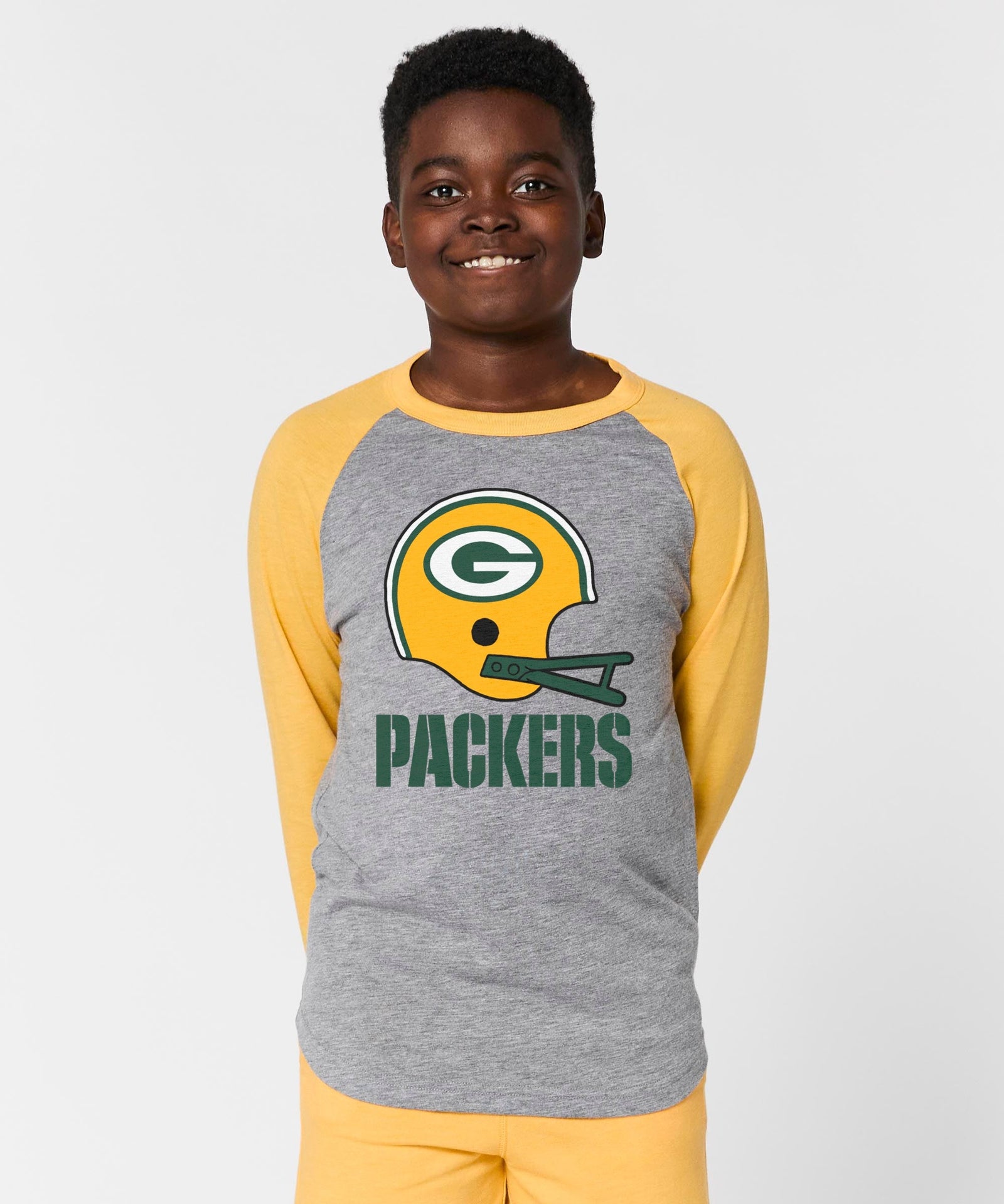 youth green bay packers big helmet raglan