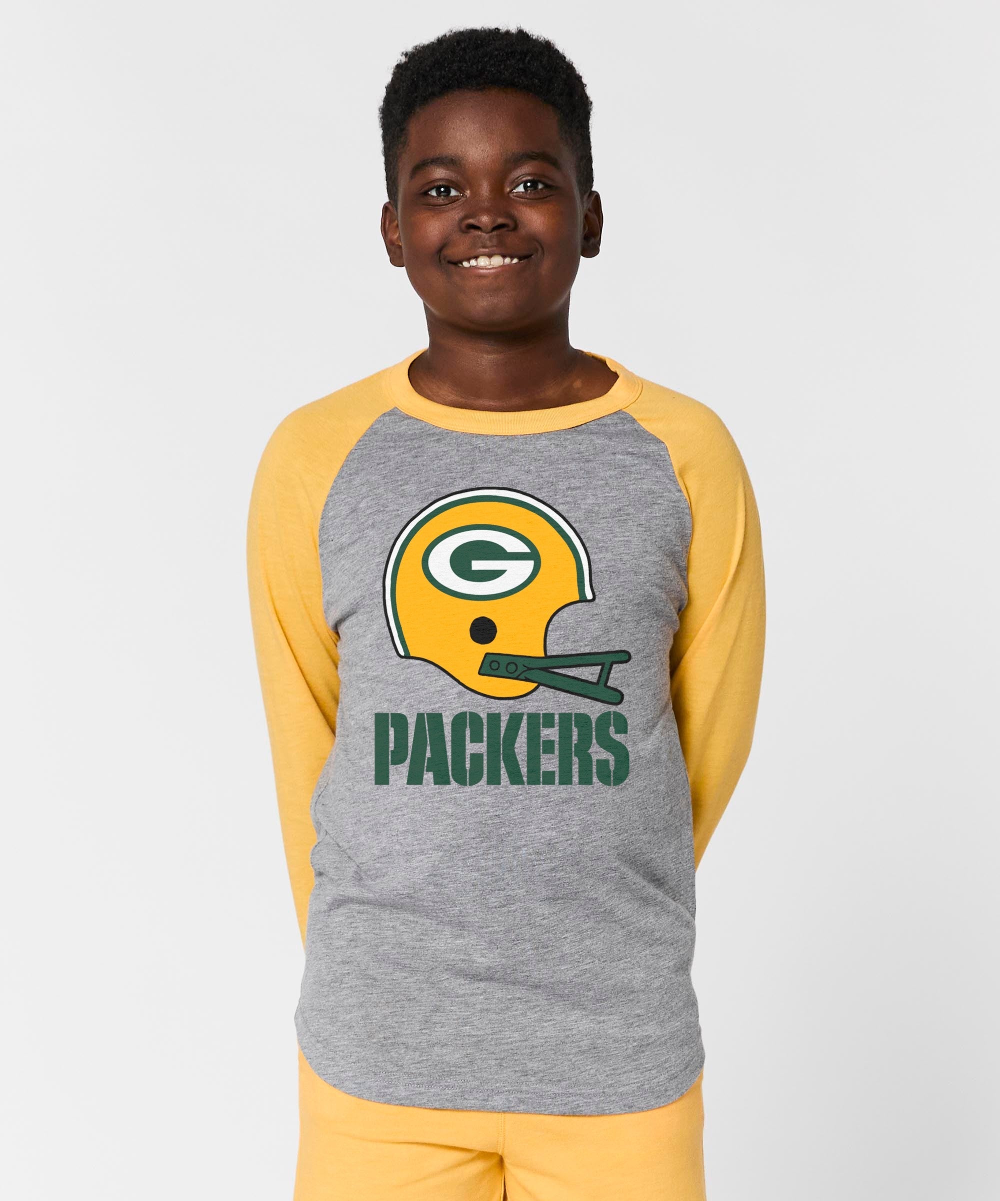 youth green bay packers big helmet raglan