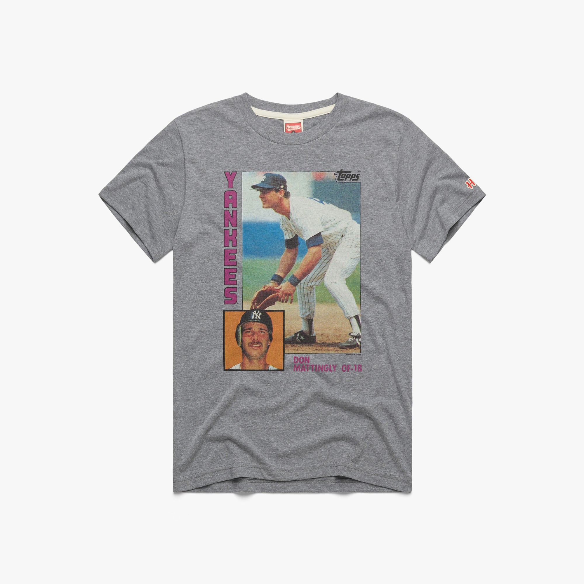 1984 Topps Baseball Don Mattingly Yankees T-Shirt from Homage. | Grey | Vintage Apparel from Homage.