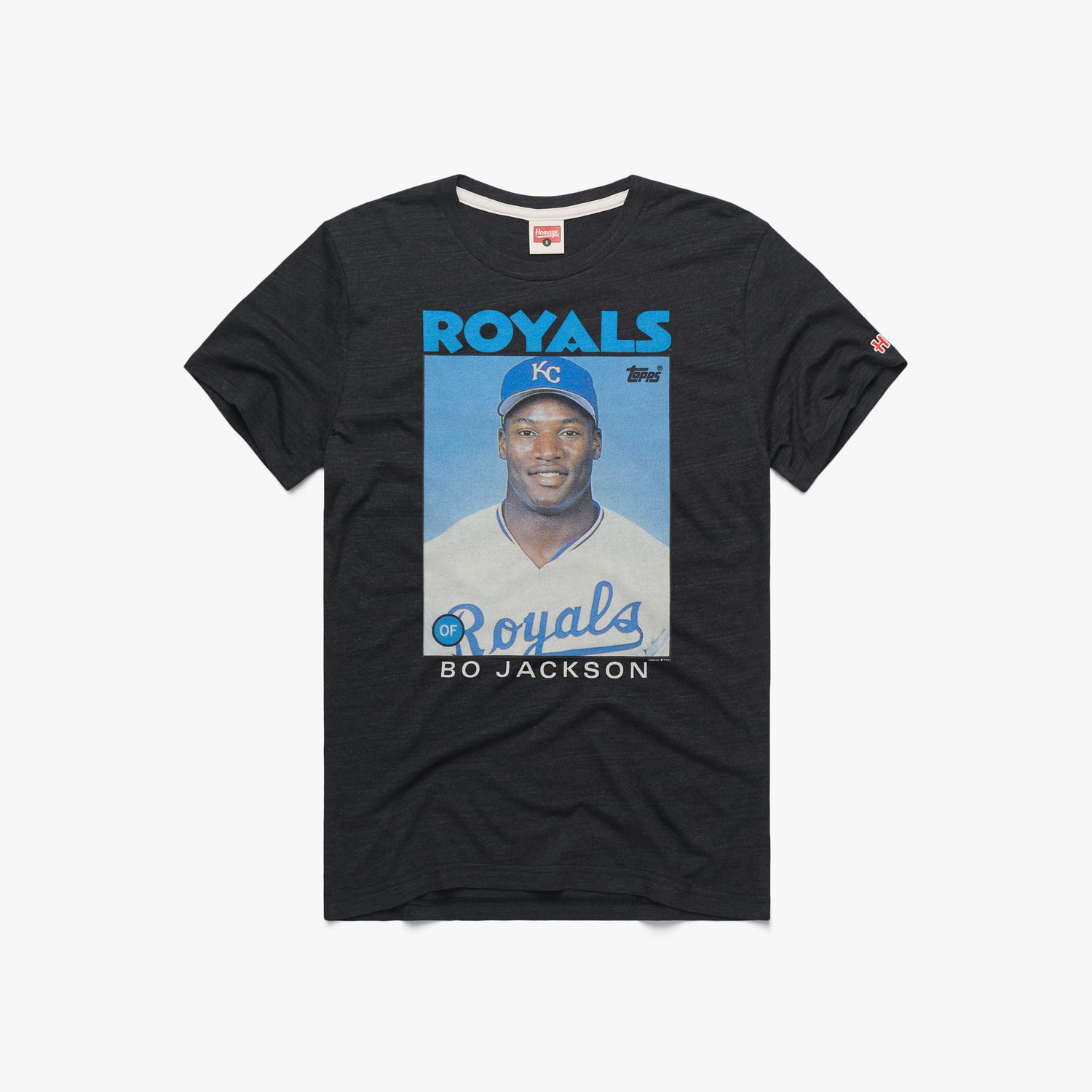 1986 Topps Baseball Bo Jackson Royals T-Shirt from Homage. | Charcoal | Vintage Apparel from Homage.
