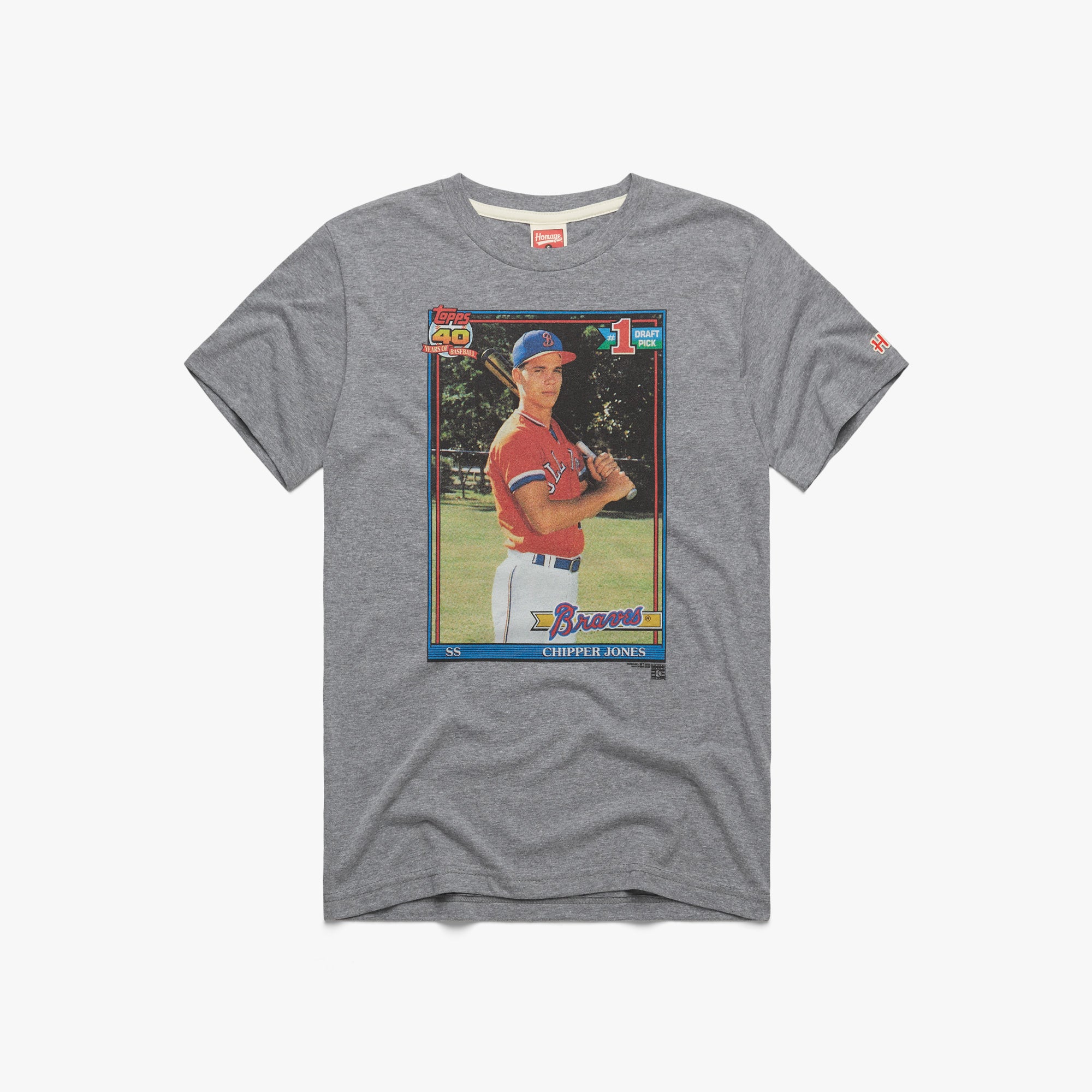 1991 Topps Baseball Chipper Jones Braves T-Shirt from Homage. | Grey | Vintage Apparel from Homage.