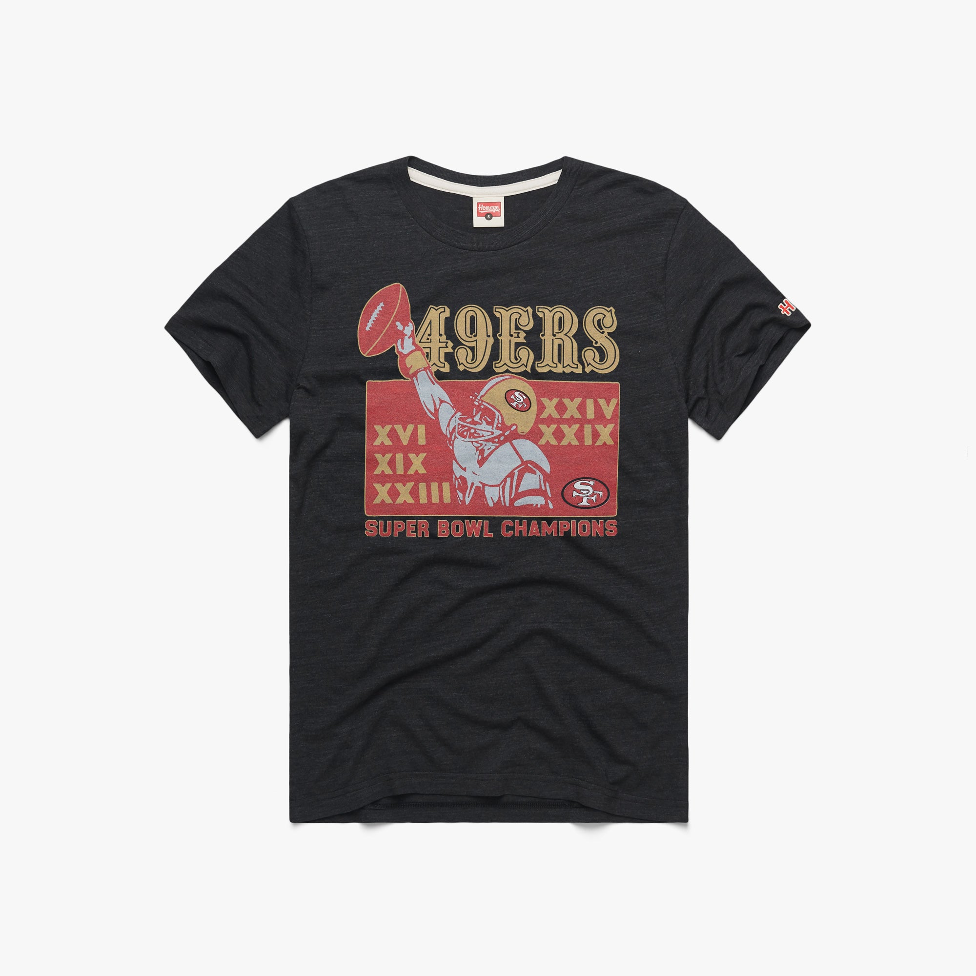 San Francisco 49ers 5 Time Super Bowl Champions T-Shirt from Homage. | Officially Licensed Vintage NFL Apparel from Homage Pro Shop.