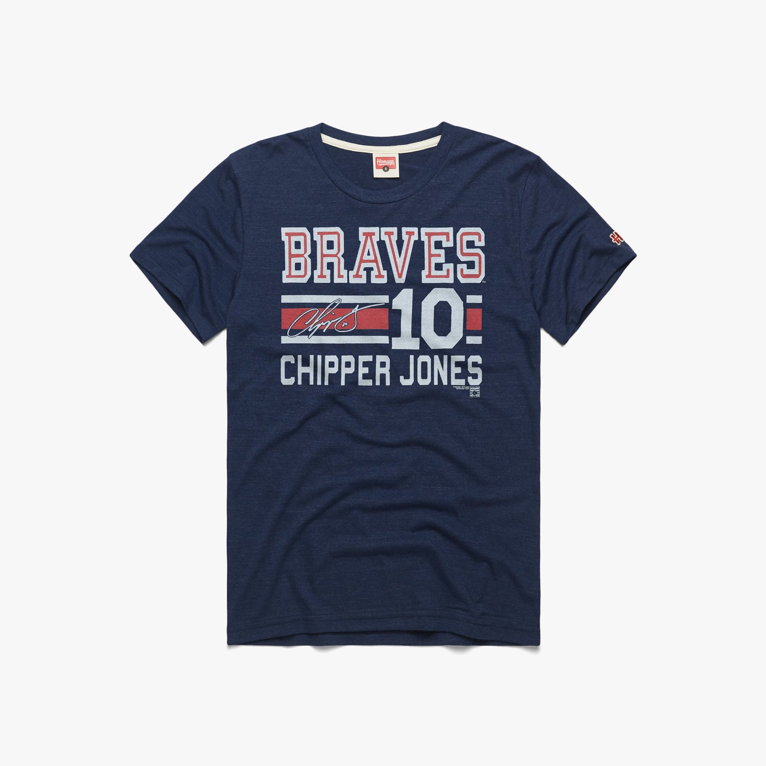 Braves Chipper Jones Signature Jersey T-Shirt from Homage. | Navy | Vintage Apparel from Homage.
