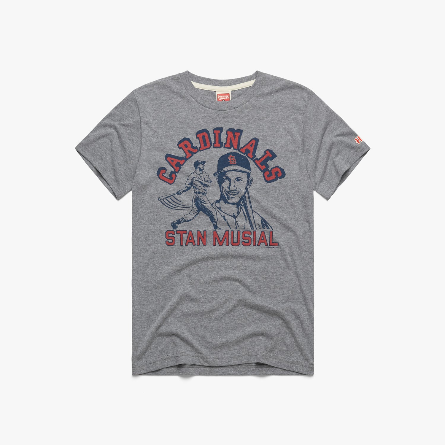 Cardinals Stan Musial Swing T-Shirt from Homage. | Grey | Vintage Apparel from Homage.