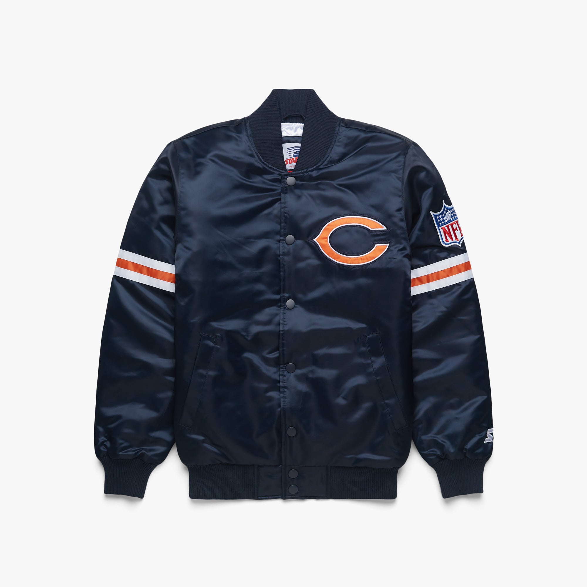 Homage x Starter Chicago Bears Satin Jacket from Homage. Officially Licensed NFL Apparel. Shop Pro 80's Starter, Gameday, & Bomber Jackets.