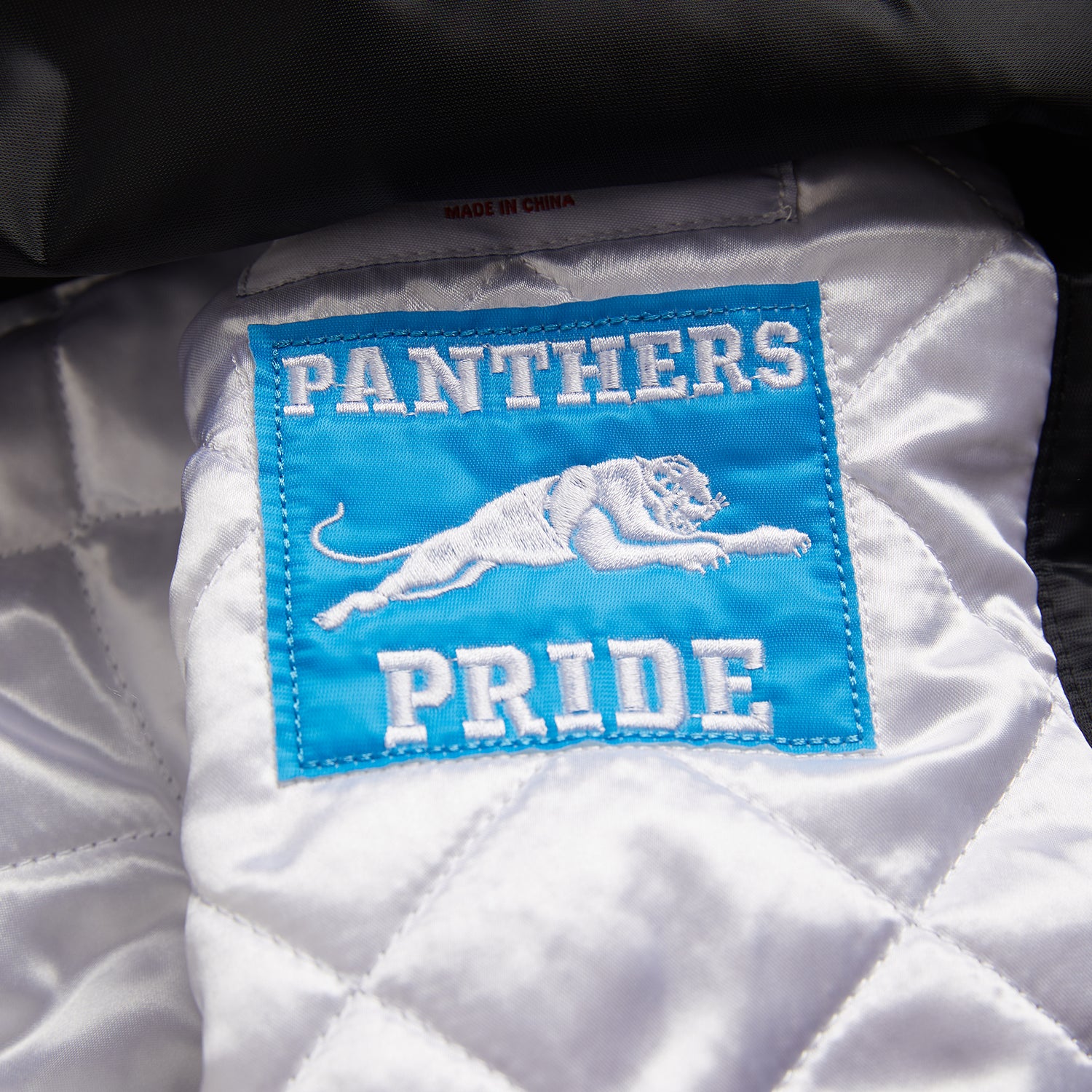 Maker of Jacket NFL Carolina Panthers Satin Black and Blue Varsity