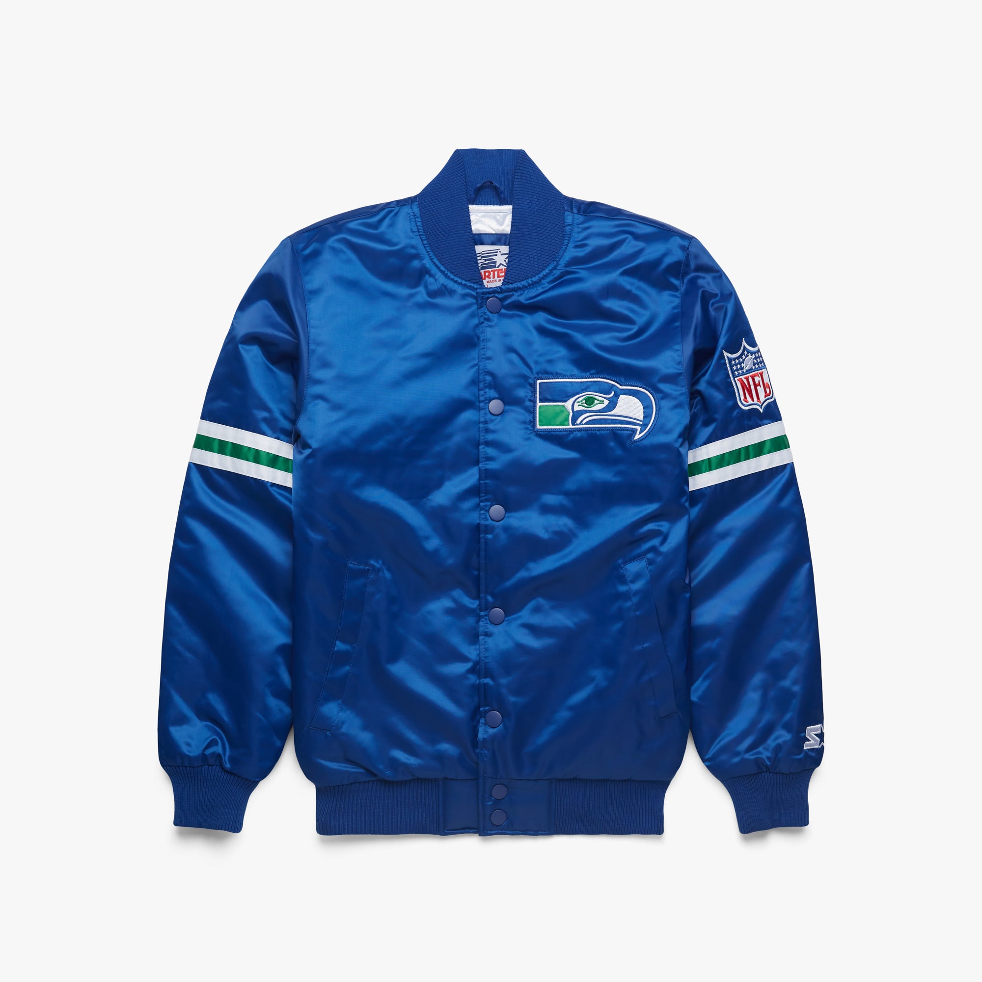 Homage x Starter Seattle Seahawks Satin Jacket from Homage. Officially Licensed NFL Apparel. Shop Pro 80's Starter, Gameday, & Bomber Jackets.