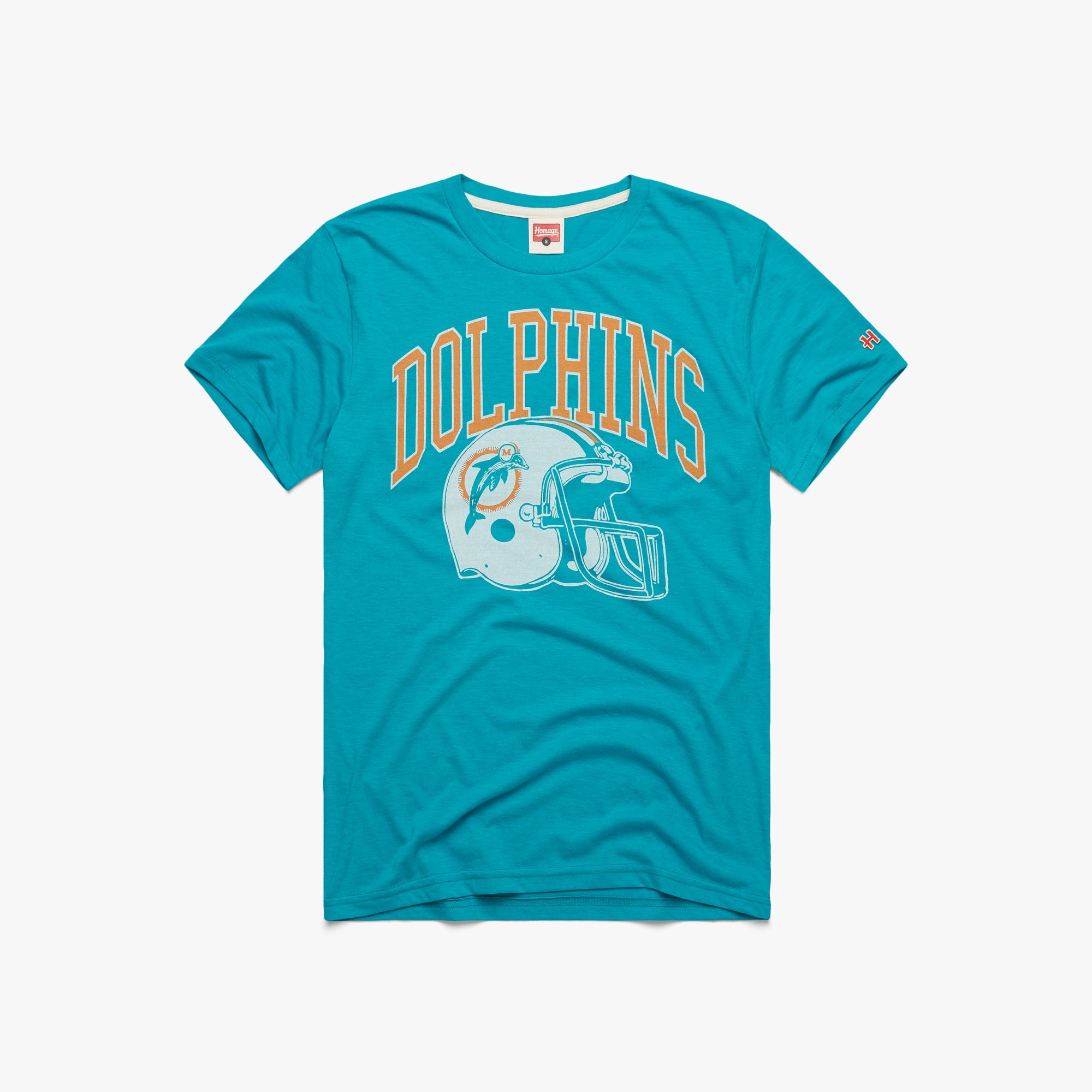 Miami Dolphins Helmet Retro T-Shirt from Homage. | Officially Licensed Vintage NFL Apparel from Homage Pro Shop.