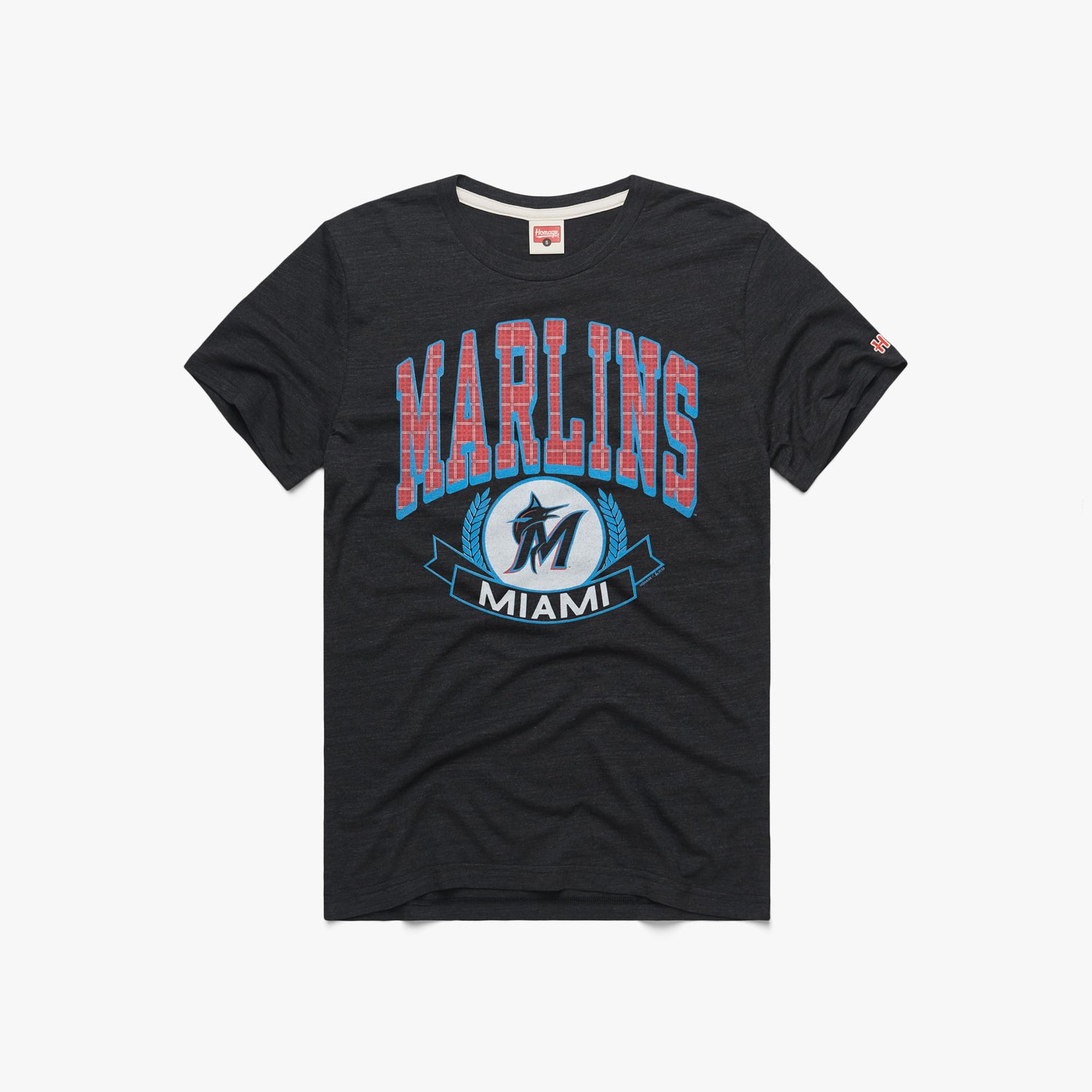 Miami Marlins Plaid T-Shirt from Homage. | Charcoal | Vintage Apparel from Homage.
