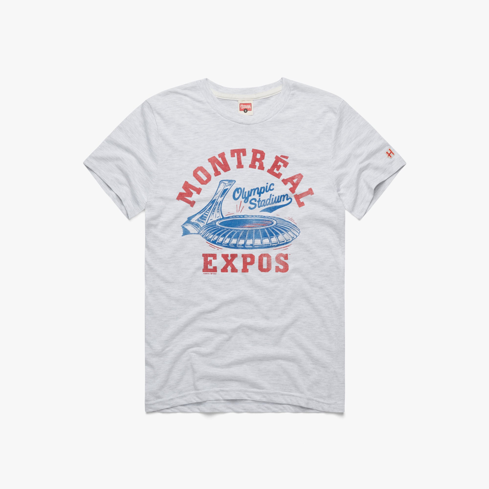 Montreal Expos Olympic Stadium T-Shirt from Homage. | Ash | Vintage Apparel from Homage.