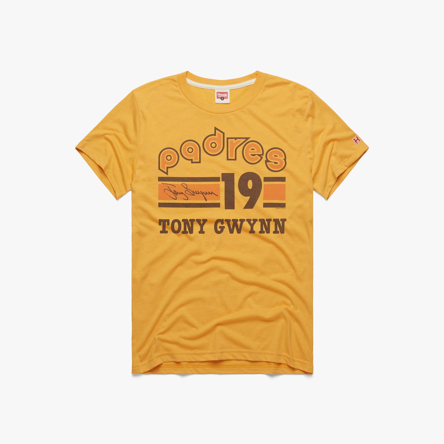 Padres Tony Gwynn Signature Jersey T-Shirt from Homage. | Gold | Vintage Apparel from Homage.