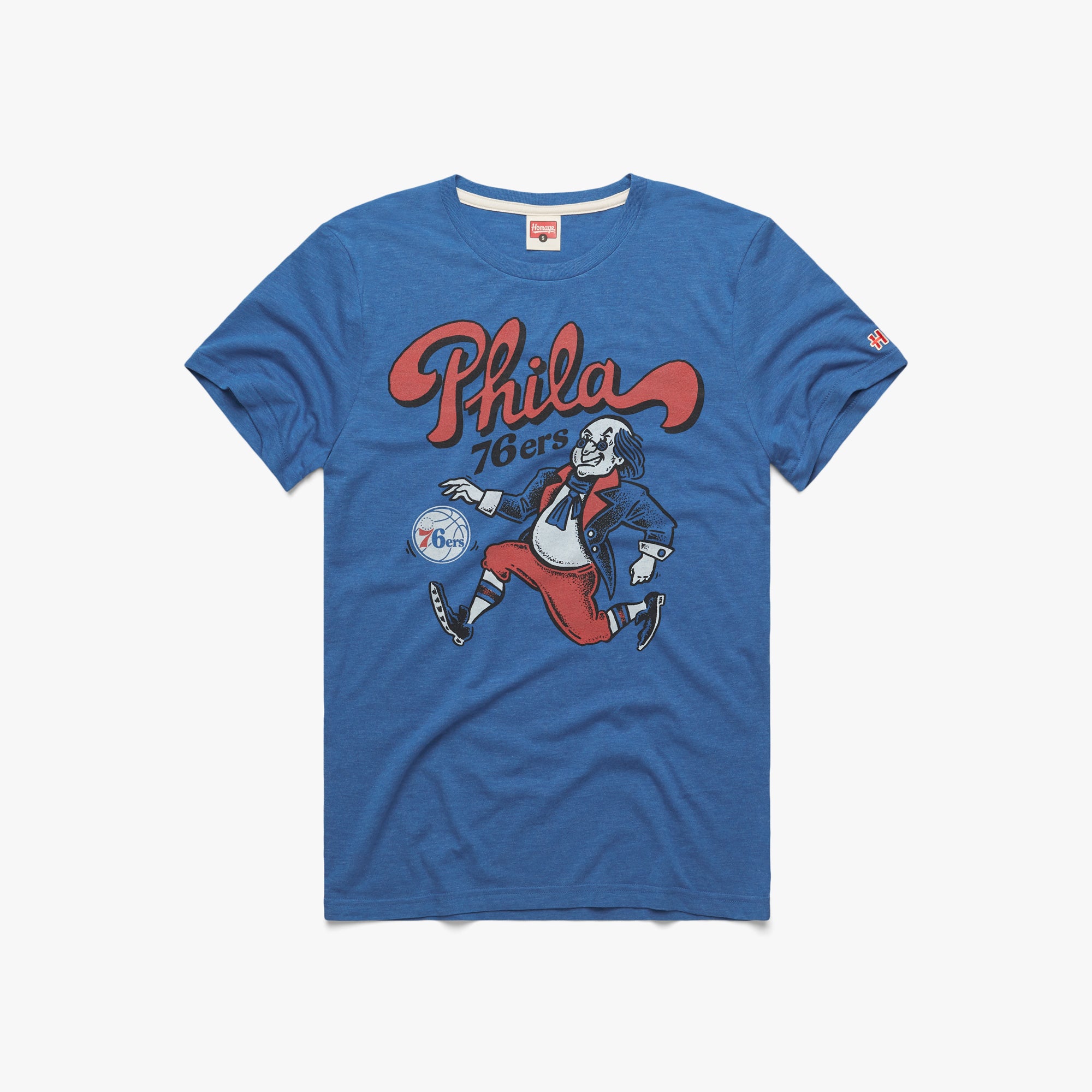 Philadelphia 76ers Ben Franklin T-Shirt from Homage. | Royal Blue | Vintage Apparel from Homage.