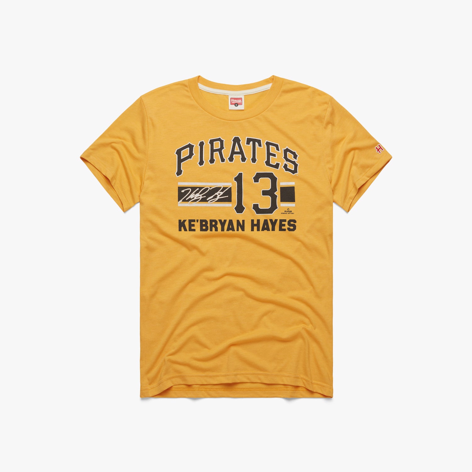 Pirates Ke'Bryan Hayes Signature Jersey T-Shirt from Homage. | Gold | Vintage Apparel from Homage.