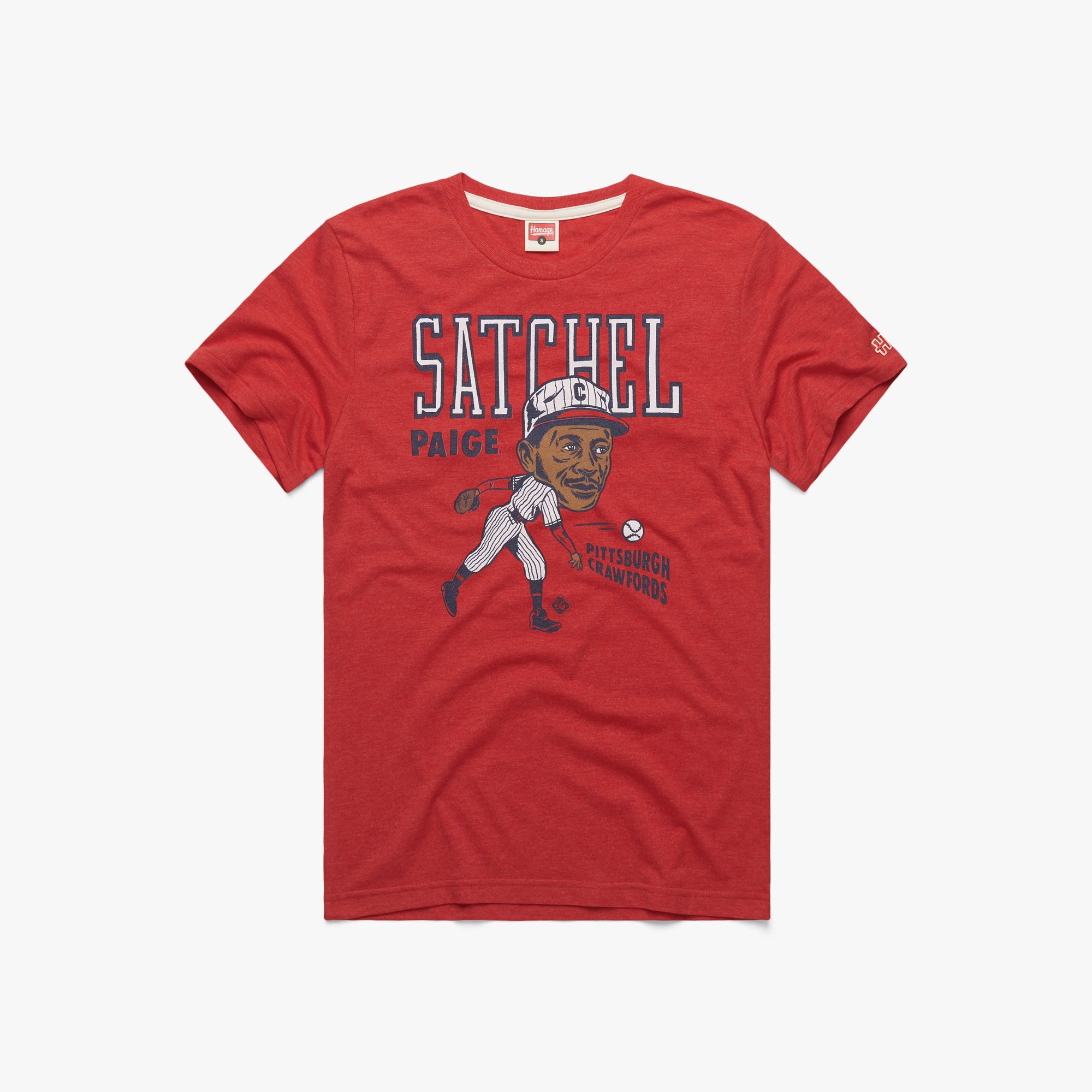 Pittsburgh Crawfords Satchel Paige T-Shirt from Homage. | Red | Vintage Apparel from Homage.