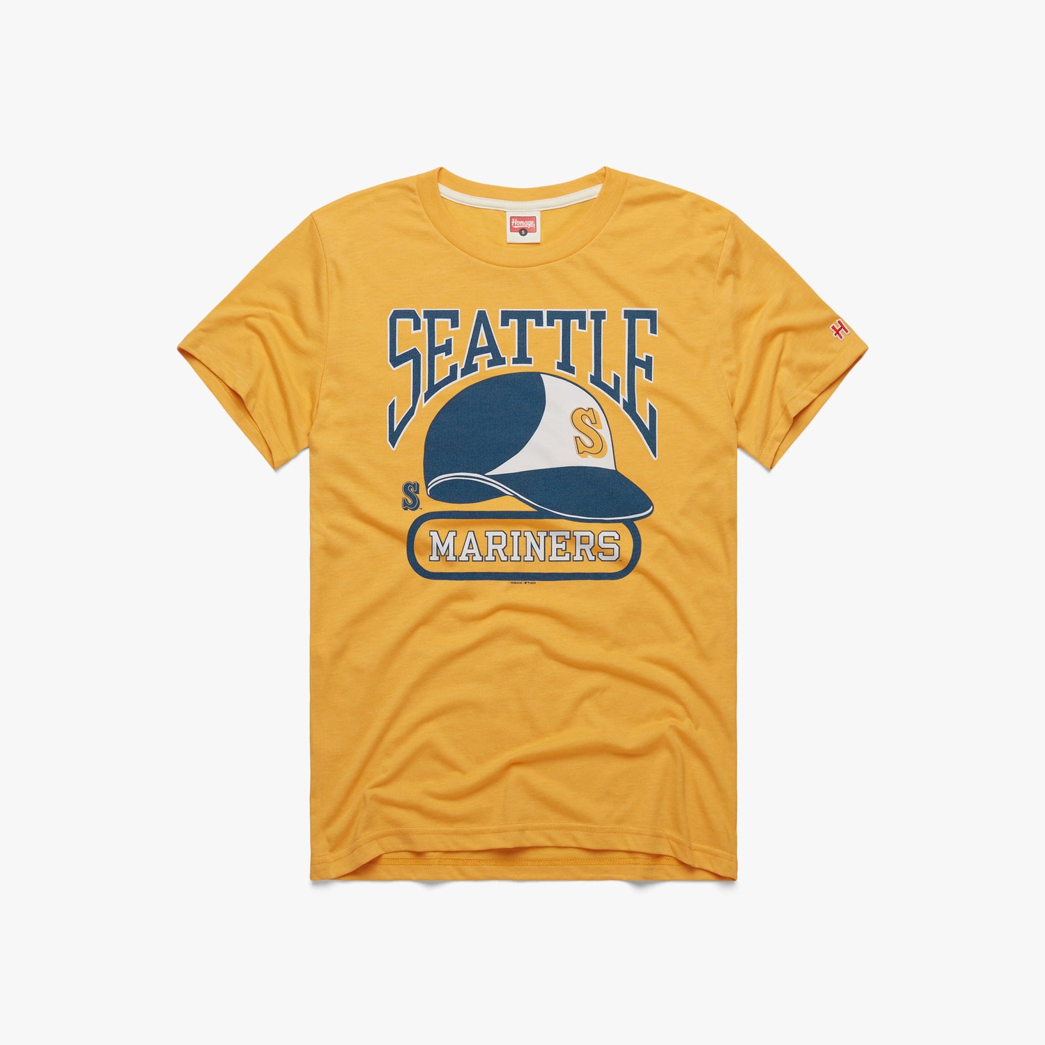Seattle Mariners Helmet T-Shirt from Homage. | Gold | Vintage Apparel from Homage.