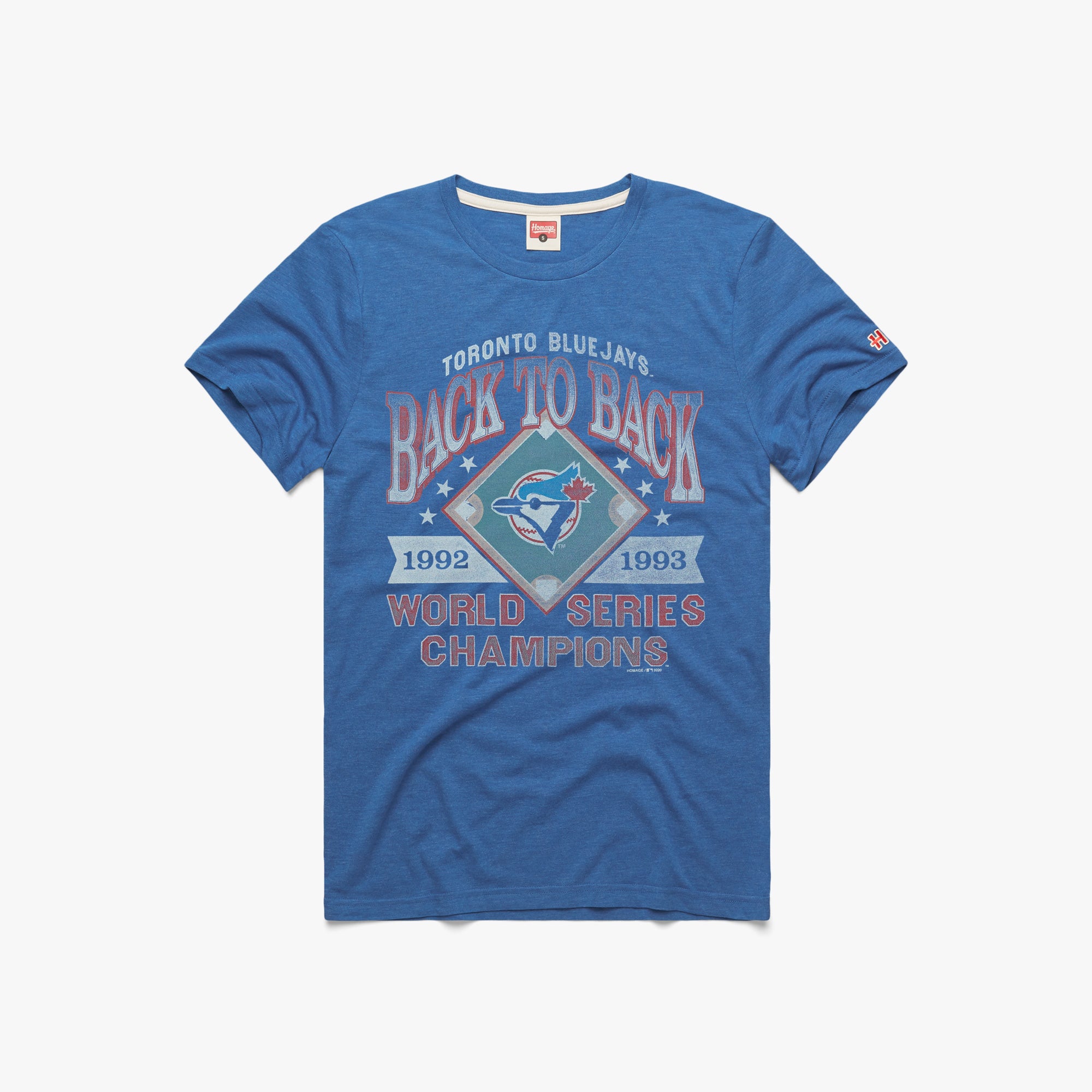 Toronto Blue Jays Back to Back Champs T-Shirt from Homage. | Royal Blue | Vintage Apparel from Homage.